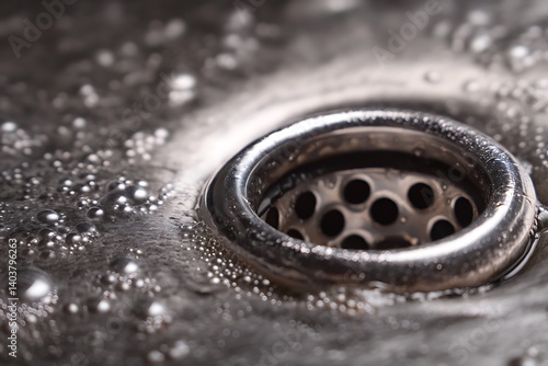 A close-up macro image reveals a clogged kitchen sink drain, allowing for a detailed inspection.