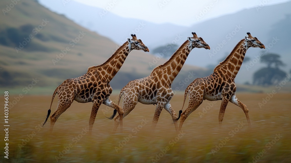Obraz premium Three Giraffes Running Across the African Savannah