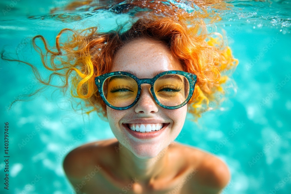 Fototapeta premium Stunning happy and sexy young woman with gorgeous thick short multi-color hair in yellow enjoying turquoise sea, splashes around her. Bright Ñommercial style. Happy tropical holiday.