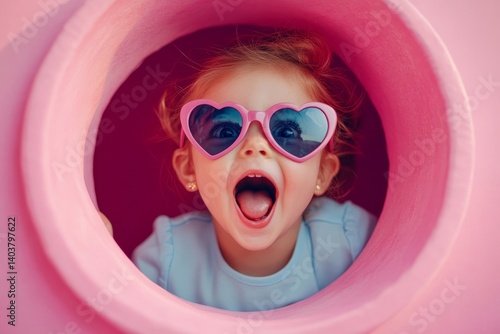 Surprised Little Child girl in heart shap sunglasses looking out of a pink round hole. Banner. Happy girl Looking at camera. Wow funny face