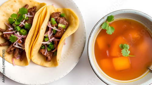 Soft tacos with juicy birria beef and a bowl of consomme
