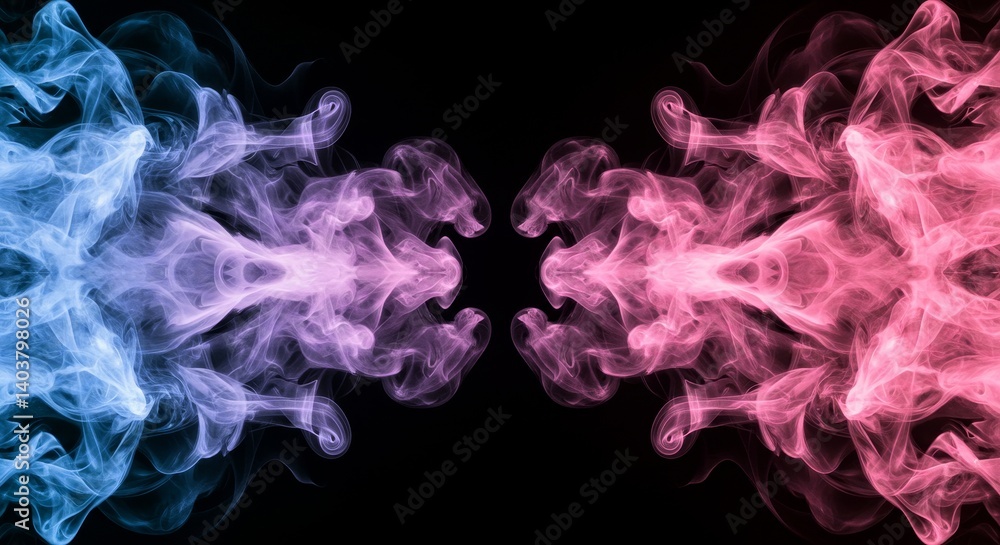 Abstract Pink and Blue Smoke Design - Symmetrical of pink and blue smoke swirling against a black background. Perfect for design and abstract concepts Abstract Pink and Blue Smoke Design - Symmetrical of pink and blue smoke swirling against a black background. Perfect for design and abstract concepts