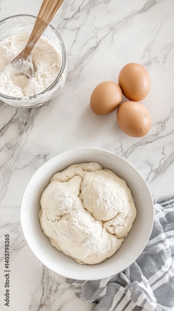 Overhead view of fresh dough in bowl with eggs and flour on marble surface ready for baking preparation Overhead view of fresh dough in bowl with eggs and flour on marble surface ready for baking preparation