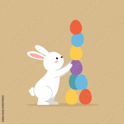 Cute rabbit stacking colorful eggs in flat design style vector art