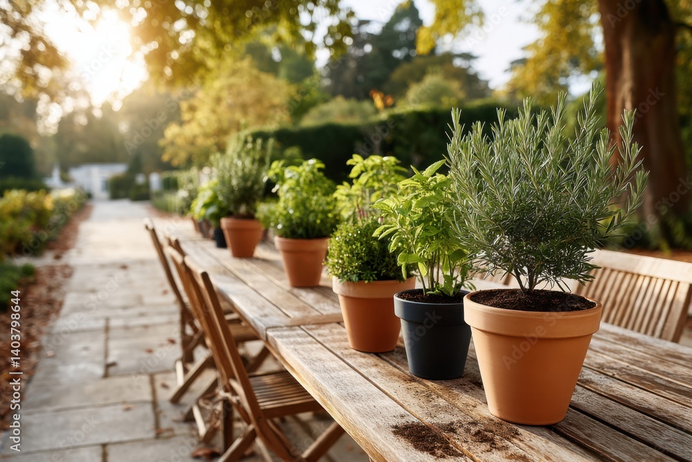 Fototapeta premium Herbs arranged on a wooden table in a sunlit garden during early evening hours
