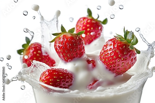 Fresh strawberries splashing into creamy milk smoothie or yogurt on a white background