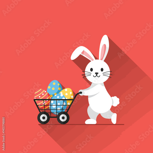 Rabbit carrying colorful Easter eggs in a cart flat vector illustration