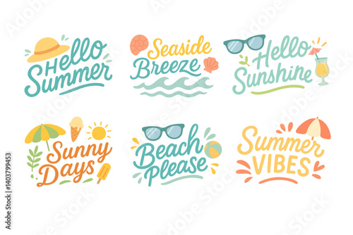 Set of hand drawn summer quotes with colorful elements in cartoon flat illustration style.