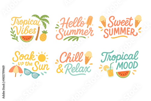 Bright cartoon lettering set with tropical quotes, fruits, ice cream and beach elements.