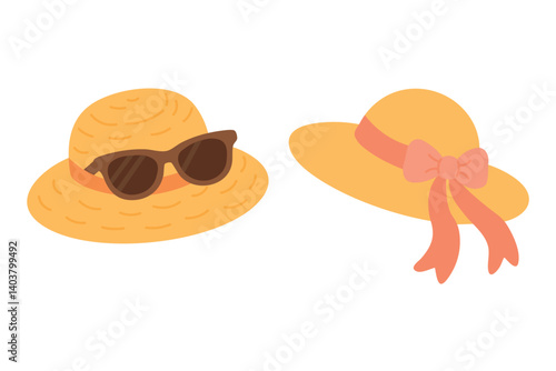 Cute cartoon set of summer hats with ribbon and sunglasses in flat colorful style.