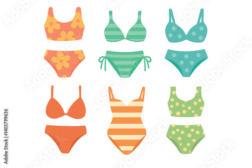 Flat cartoon set of colorful swimsuits and bikinis for summer vacation and beach design.