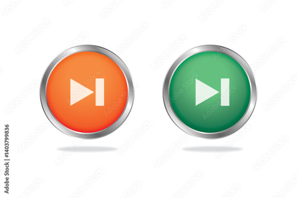 Set of orange and green circular media icons with play-forward and play-backward symbols, glossy 3D style. Set of orange and green circular media icons with play-forward and play-backward symbols, glossy 3D style.