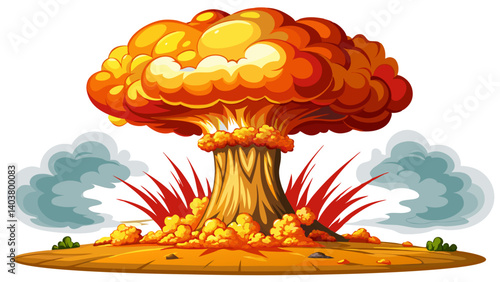 Nuclear atomic bomb explosion VFX with smoke, fire and mushroom cloud,  white  background