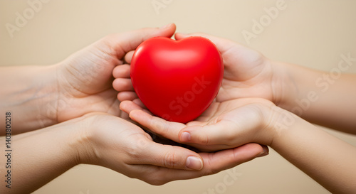 Adult and Child Holding Shiny Red Heart in Their Hands Symbolizing Love and Care in a Warm Background