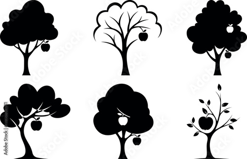 Apple Tree Silhouette Set:  A collection of six beautifully crafted apple tree silhouettes in various styles, ideal for graphic design, web design, and illustration projects.