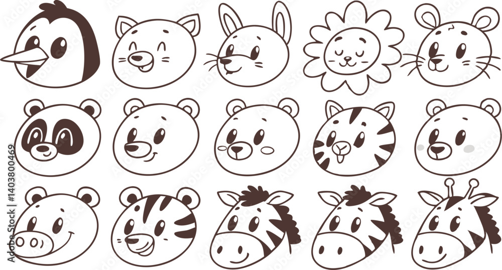 Cute doodle animal face line art.
Set with doodle face animals isolated on white background cute nursery collection illustration vector Cute doodle animal face line art.
Set with doodle face animals isolated on white background cute nursery collection illustration vector