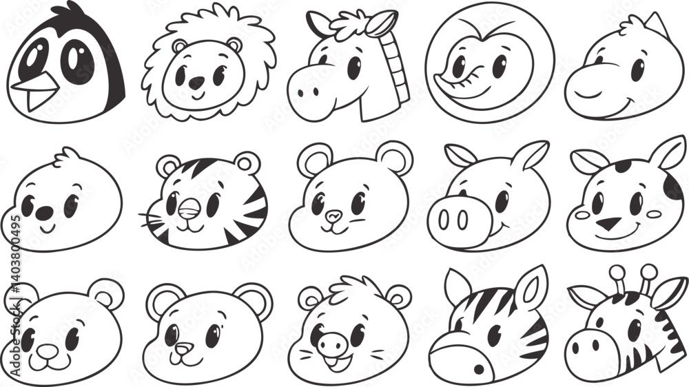 Fototapeta premium Cute doodle animal face line art. Set with doodle face animals isolated on white background cute nursery collection illustration vector