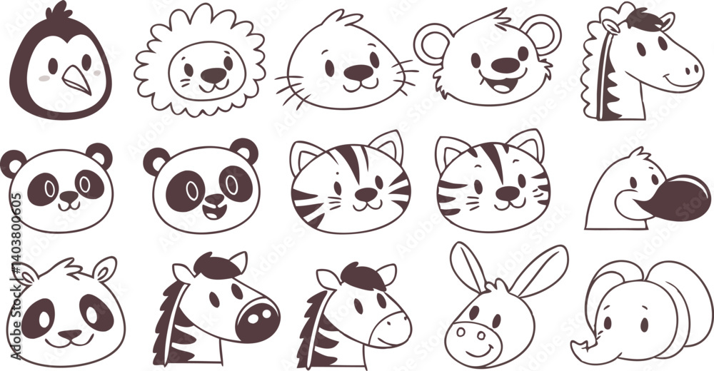Fototapeta premium Cute doodle animal face line art. Set with doodle face animals isolated on white background cute nursery collection illustration vector