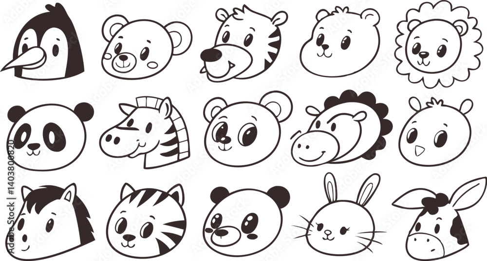 Obraz premium Cute doodle animal face line art. Set with doodle face animals isolated on white background cute nursery collection illustration vector