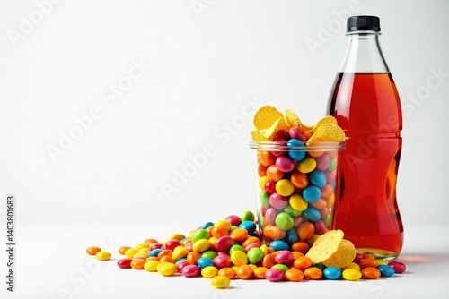 Pile of colorful candy, chips, and soda on white , photography, gum