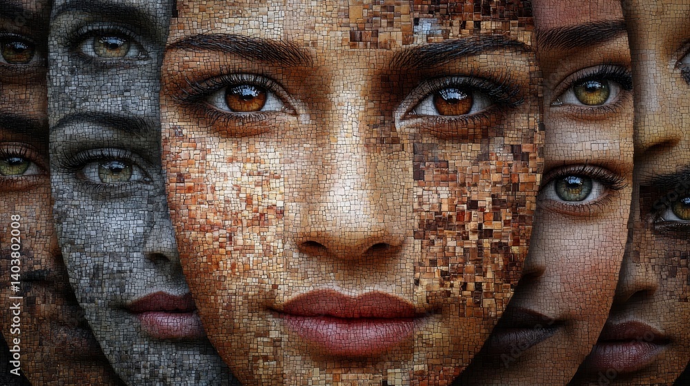 Large Mosaic Artwork Featuring Number Four Alongside a Close-Up of a Woman?s Face With Intricate Details Showcasing Various Colors and Textures Large Mosaic Artwork Featuring Number Four Alongside a Close-Up of a Woman?s Face With Intricate Details Showcasing Various Colors and Textures