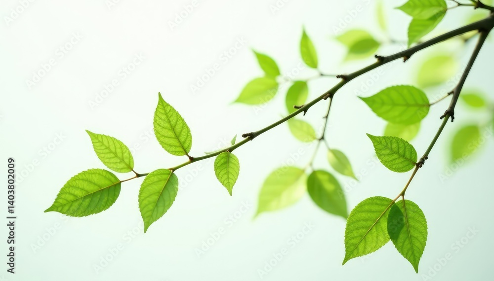 Leafy branches with delicate green leaves against a pristine white backdrop, garden, natural, white