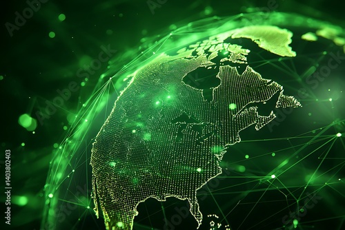 A digital globe rests on a glowing green tech background, highlighted by connecting lines, representing an abstract technology concept.