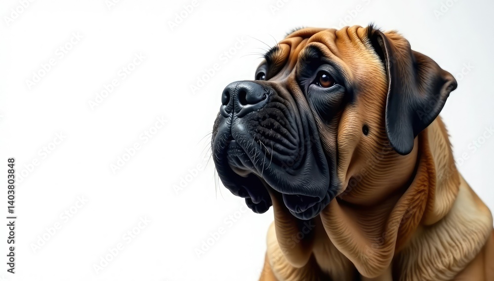 Obraz premium Imposing mastiff, head tilted, pure white backdrop, animal photography, giant, breed standard