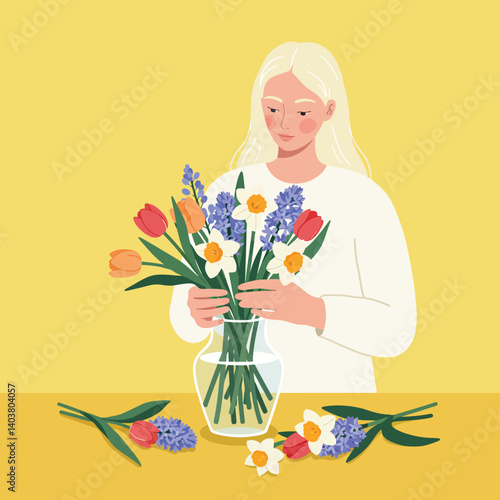 Woman arranging colorful flowers in a vase in flat vector art
