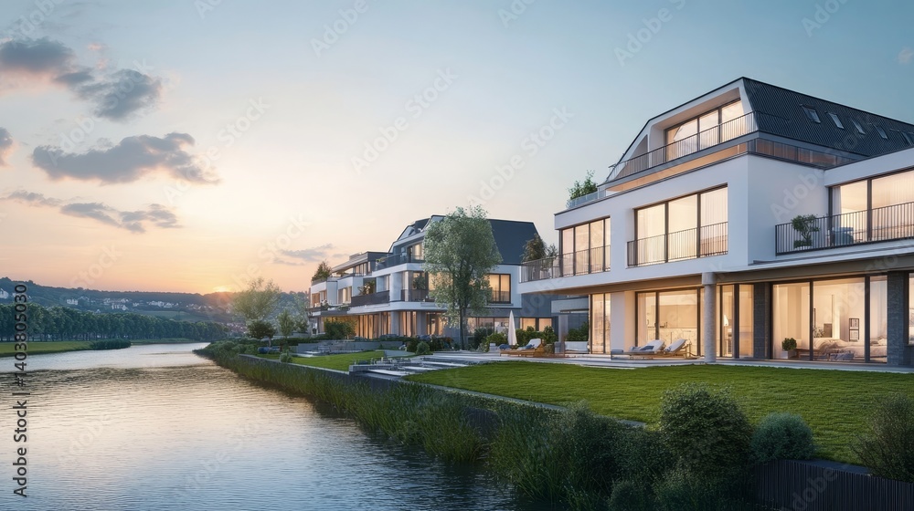 Modern Waterfront Homes Along a Calm River at Sunset Showcasing Elegant Architecture and Serene Landscaping Modern Waterfront Homes Along a Calm River at Sunset Showcasing Elegant Architecture and Serene Landscaping