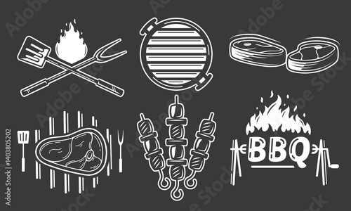 BBQ grill vector icon set isolated on black background. Design elements bbq, grill, meat, kebab, fork, knife and spatula. Vector illusteration