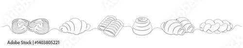 Buns, croissants and bakery continuous one line drawing set isolated on a white background. Horizontal banner. Outline bakery collections. Vector illustration