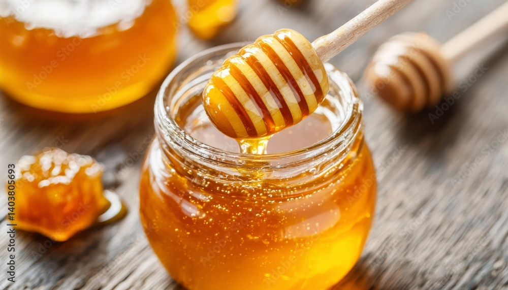 Honey dripping from dipper into jar (1) Honey dripping from dipper into jar (1)