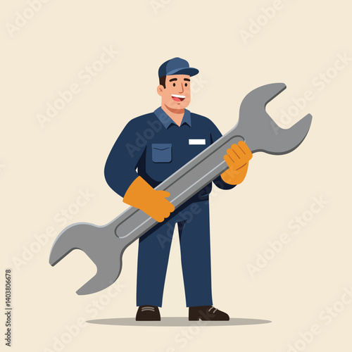 Skilled mechanic holding a large wrench in flat design vector art