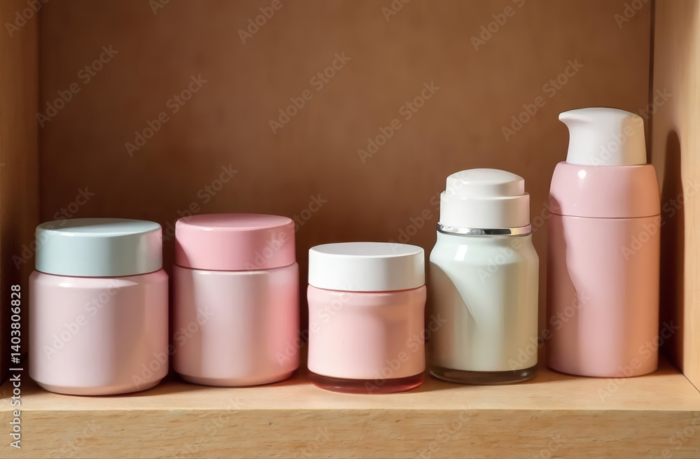 Set of cosmetic jars in pastel colors, composition on a wooden shelf, cozy style Set of cosmetic jars in pastel colors, composition on a wooden shelf, cozy style