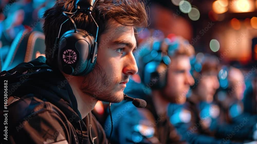 The dedicated gamer concentrates intensely on the screen, surrounded by teammates in a vibrant esports arena buzzing with excitement from the audience. The dedicated gamer concentrates intensely on the screen, surrounded by teammates in a vibrant esports arena buzzing with excitement from the audience.