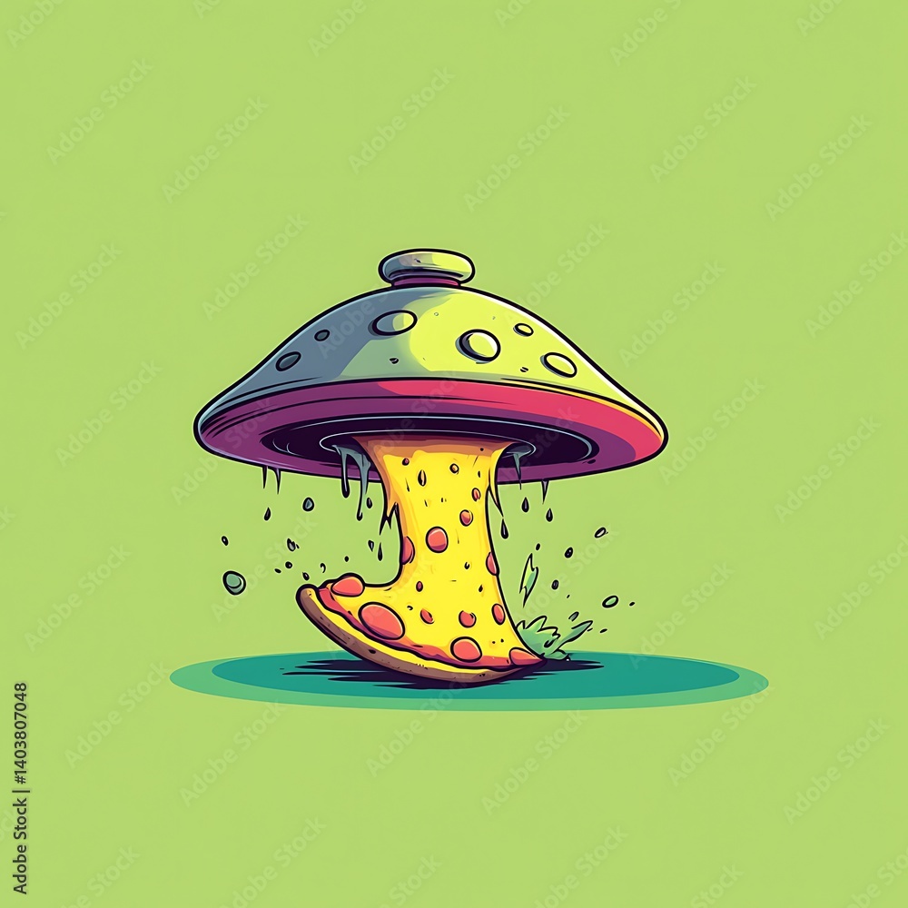 Cartoon UFO abducting pizza slice Cartoon UFO abducting pizza slice