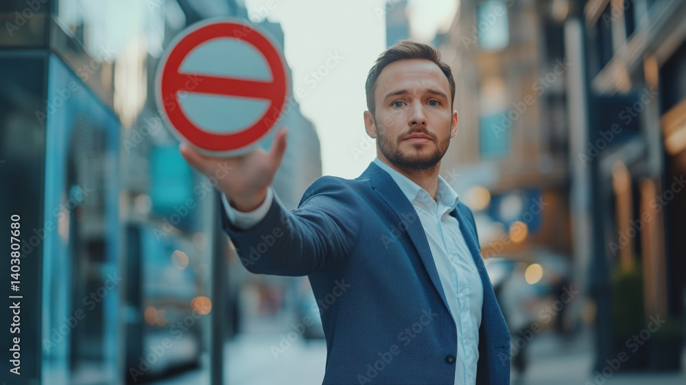 Confident Businessman in Suit Making Stop Gesture on Busy City Street with Traffic and No Entry Sign
