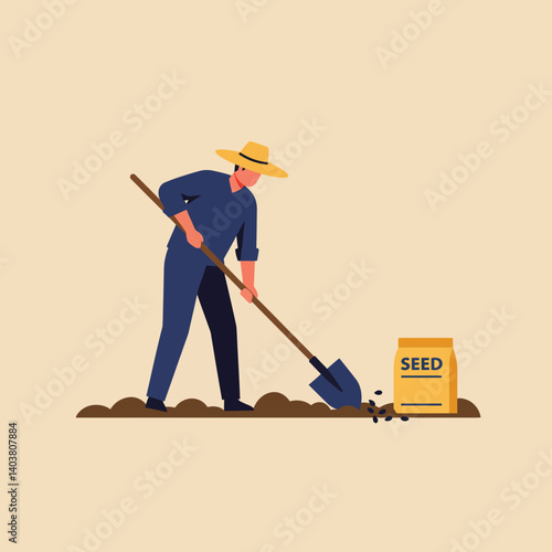 Farmer planting seeds in soil using a shovel in flat vector art