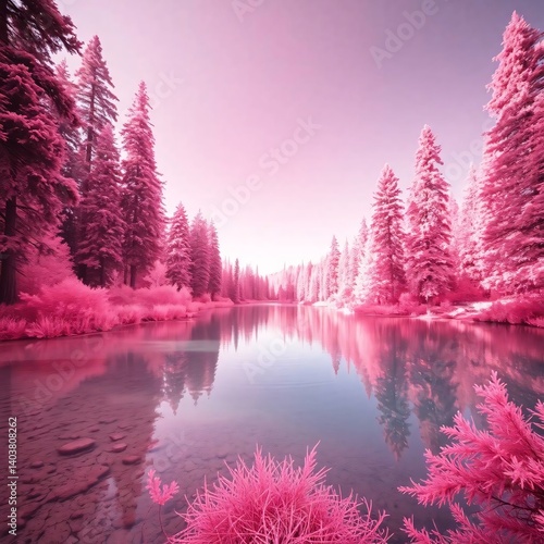 Dreamy pink forest landscape reflecting in calm lake waters under a soft, light pink sky.