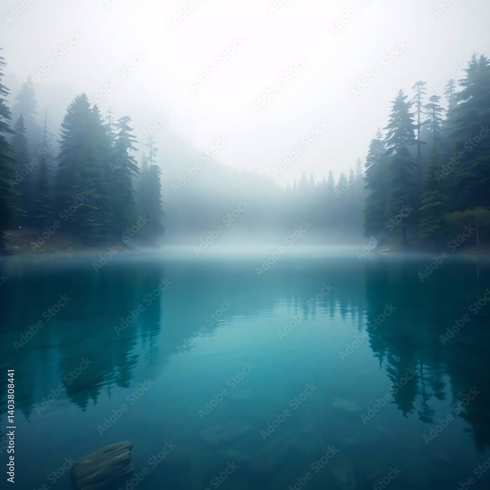 Serene turquoise lake shrouded in mist, surrounded by towering evergreen trees on a tranquil day Serene turquoise lake shrouded in mist, surrounded by towering evergreen trees on a tranquil day