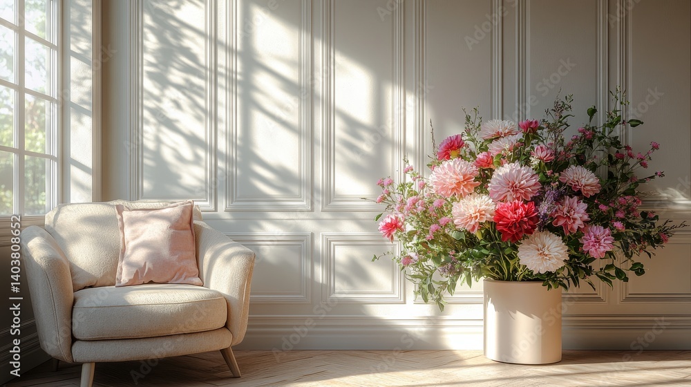 Beautiful Flower Arrangement in a Sunlit Room With a Cozy Chair and Soft Shadows on the Wall