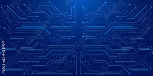 Abstract AI circuit board background. Technology connected blue lines with electronics elements on tech bg. Computer motherboard with a chip, processor, and semiconductor.