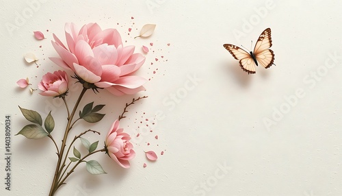Happy Mothers Day Greeting Card with pink rose on a wooden background and butterfly 