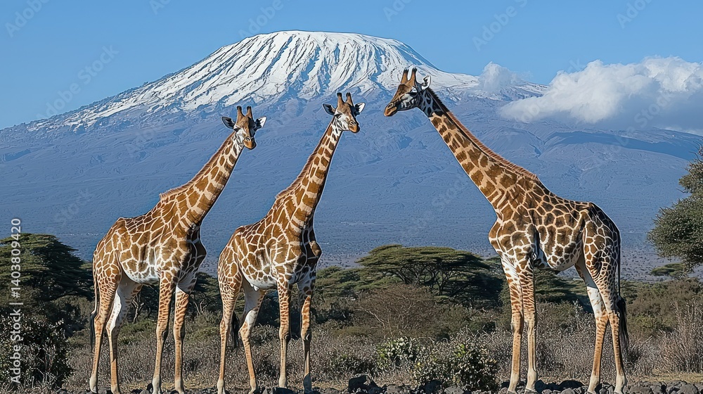 Obraz premium Majestic Giraffes against the backdrop of snow-capped Mount Kilimanjaro in Africa. An awe-inspiring wildlife scene.