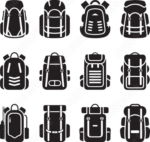 Backpacks silhouette vector, backpack silhouette, backpack silhouette clipart, backpacker travel, hiking silhouette, campfire, luggage