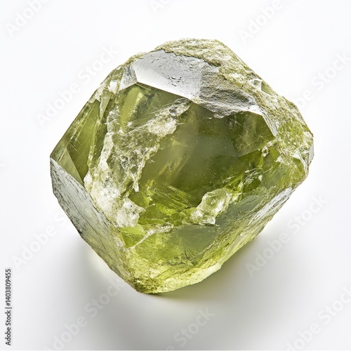 Captivating olivine crystal specimen on white backdrop showcasing its vibrant green hue and translucent structure mineral beauty