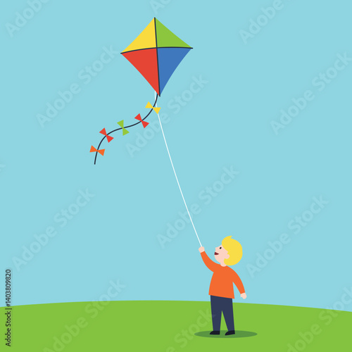 Child flying a colorful kite in minimal flat style vector illustration