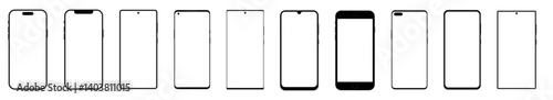 Smartphone mockup set with transparent screen isolated on transparent background. Realistic smartphone mockup. Device front view.