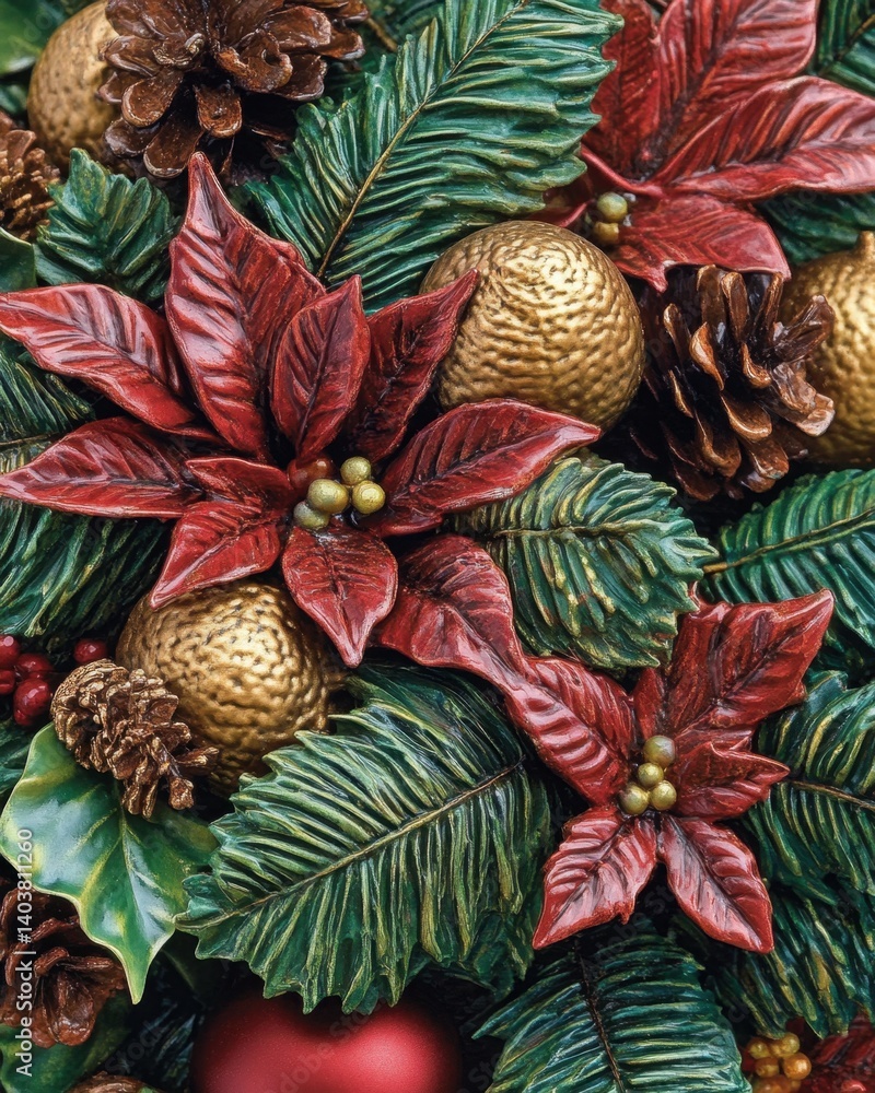 Fototapeta premium Festive Christmas Arrangement with Poinsettia Flowers Pine Cones and Golden Ornaments Holiday Season Still Life Close Up